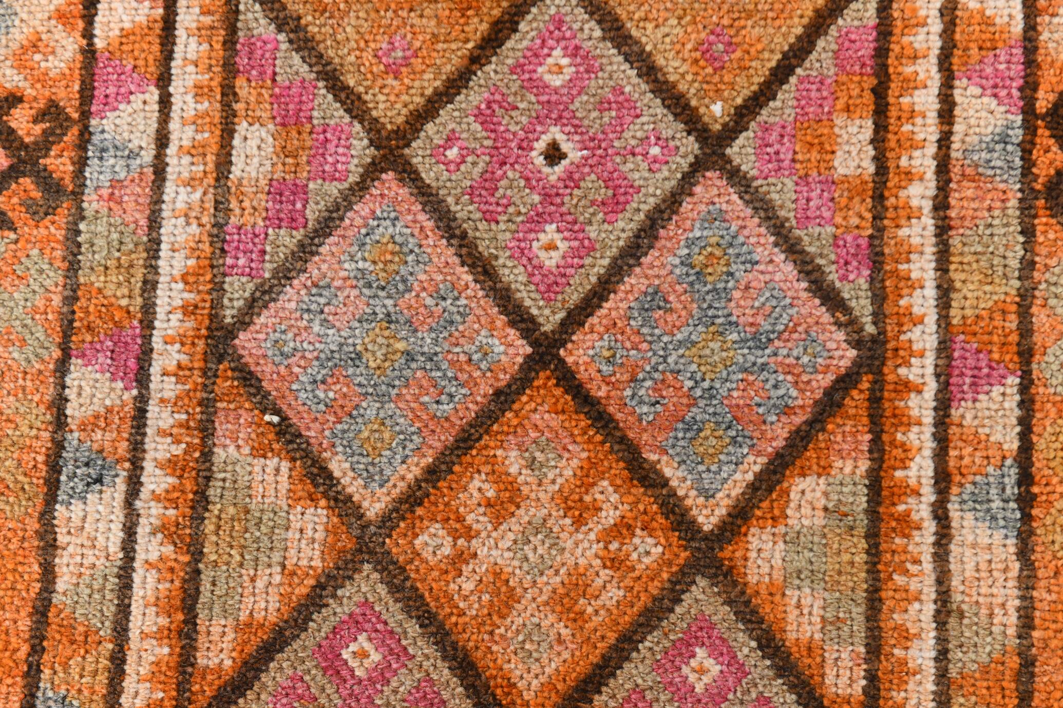 Pink & Orange Long Vintage Turkish Runner Rug, 87x395Cm