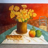 Still life with flowers, bread, apples and chair, signed