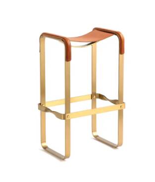 Tabouret de Bar Acier Laiton Vieilli et Cuir de Selle Marron Foncé, Style Contemporain