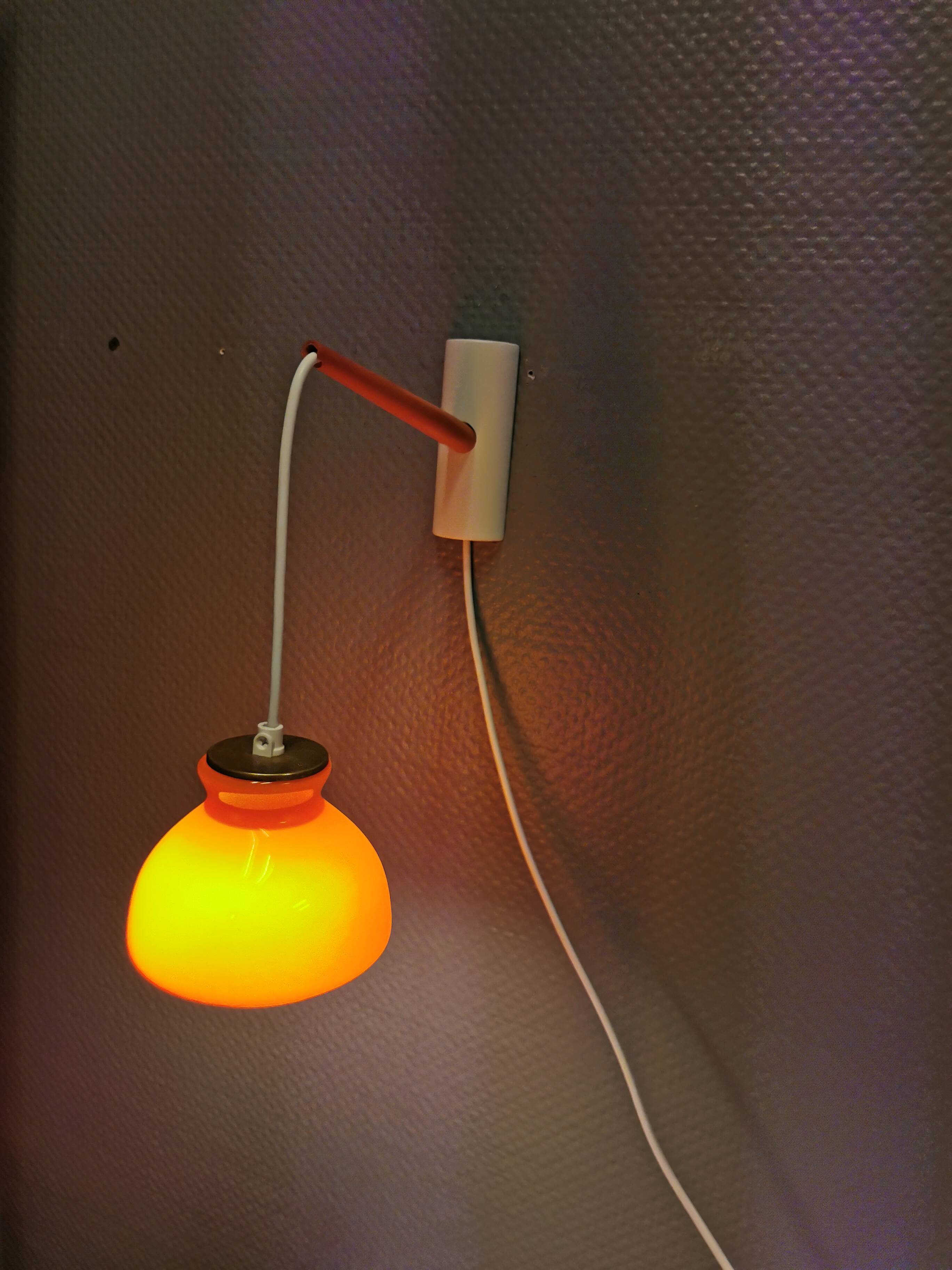 Holmegaard wall lamp in glass, nice orange/red color, danish design, retro, vintage, 1970s