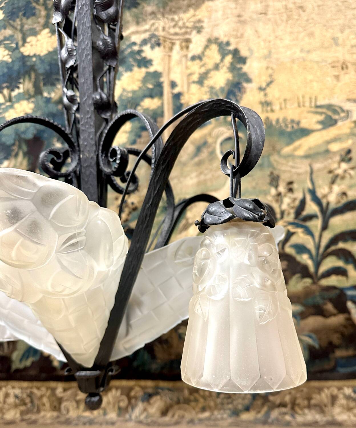 Degué - art deco period molded glass and wrought iron chandelier