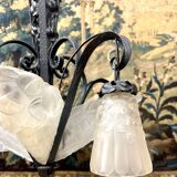 Degué - art deco period molded glass and wrought iron chandelier