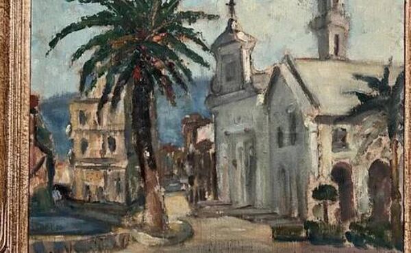 Paysage maritime, vue sur la ville, bâtiment, église, arbre - peinture
