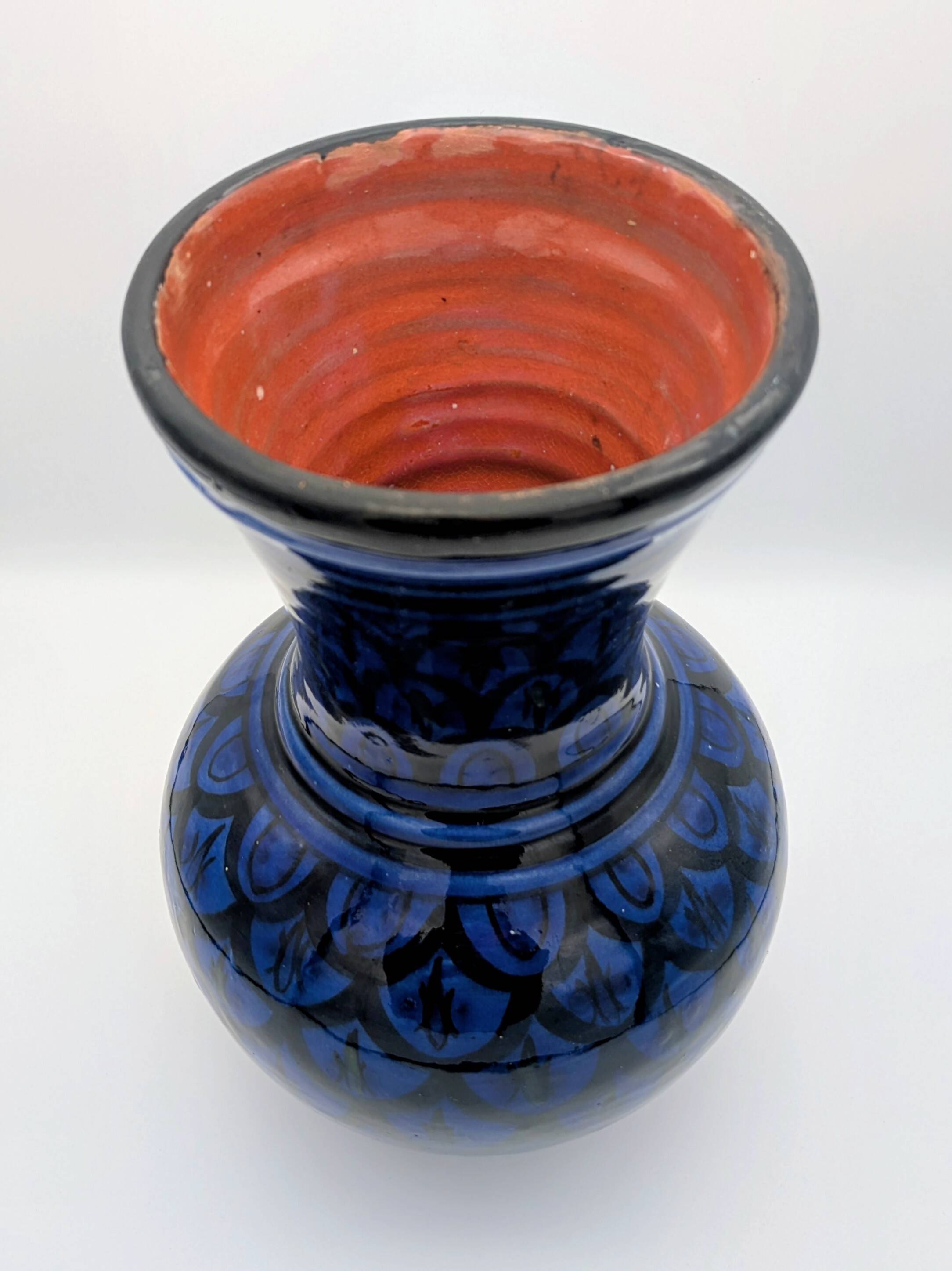 Large Baluster Vase in Safi Ceramic - Blue Black Geometric Design - Morocco