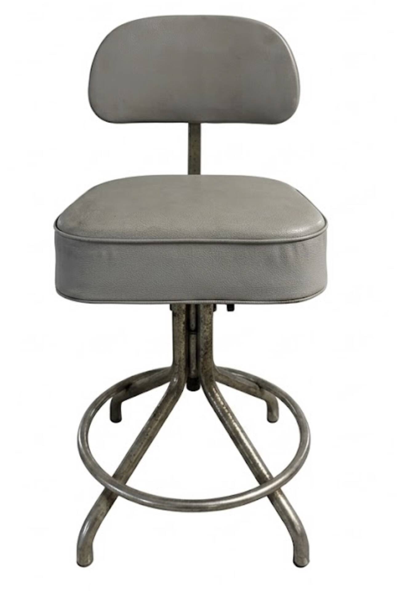 Title Vintage adjustable workshop chair – patinated metal & grey faux leather