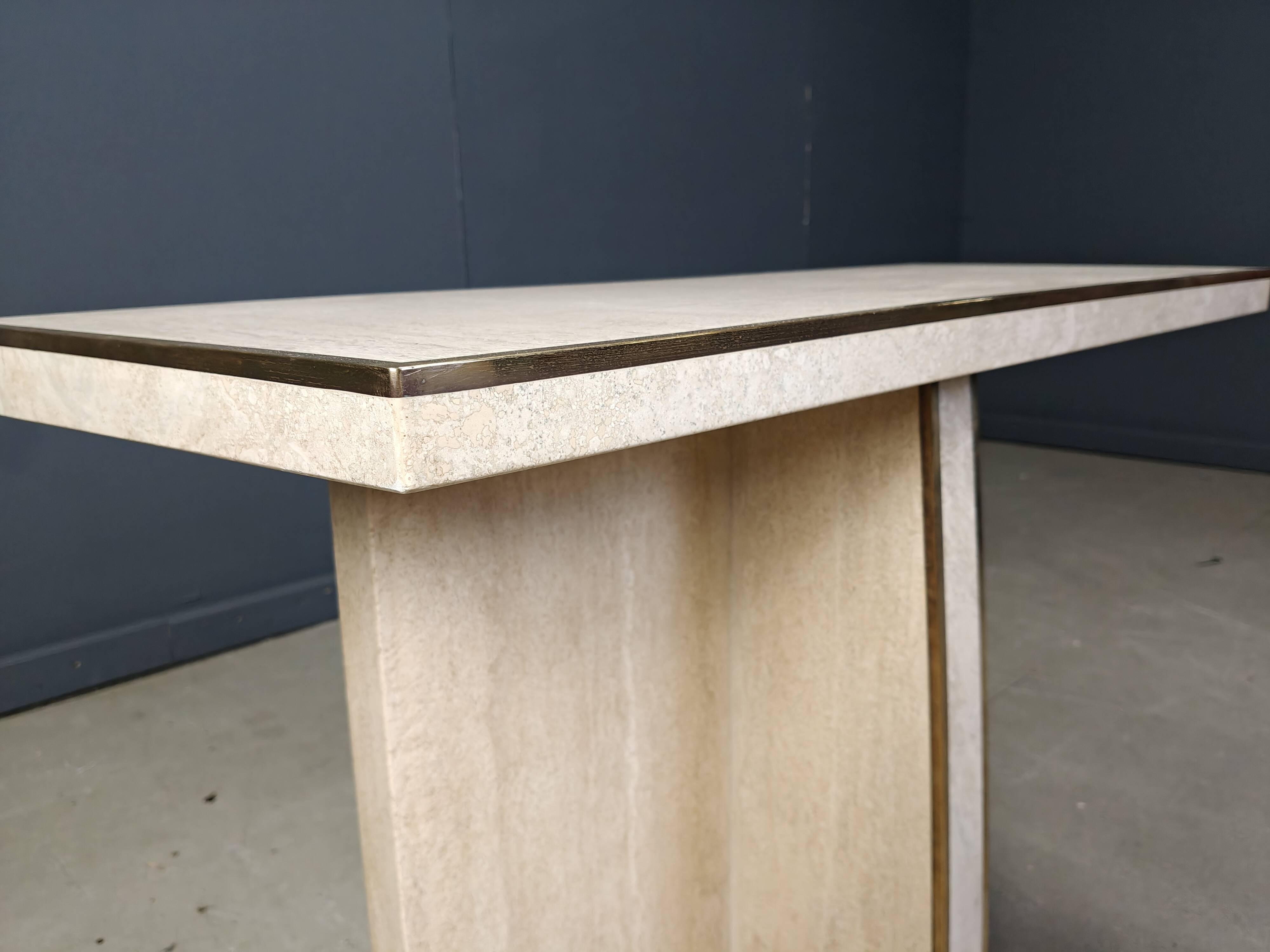 Vintage travertine and brass console table, 1970s