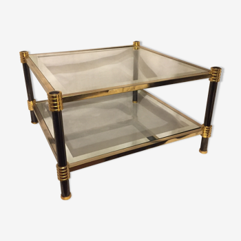 Square coffee table in glass, black metal and brass