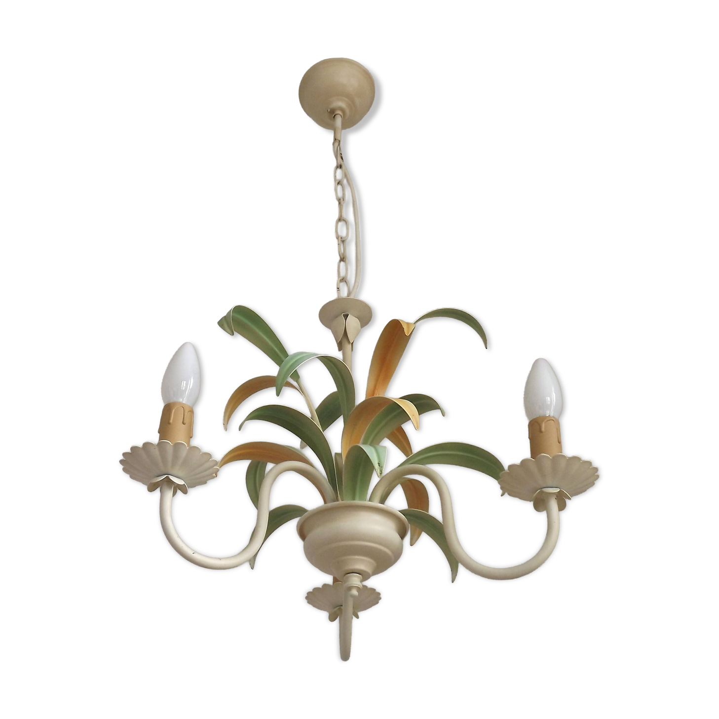 French Vintage Cream 3 Light Chandelier Green and Peach Leaves