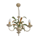 French Vintage Cream 3 Light Chandelier Green and Peach Leaves