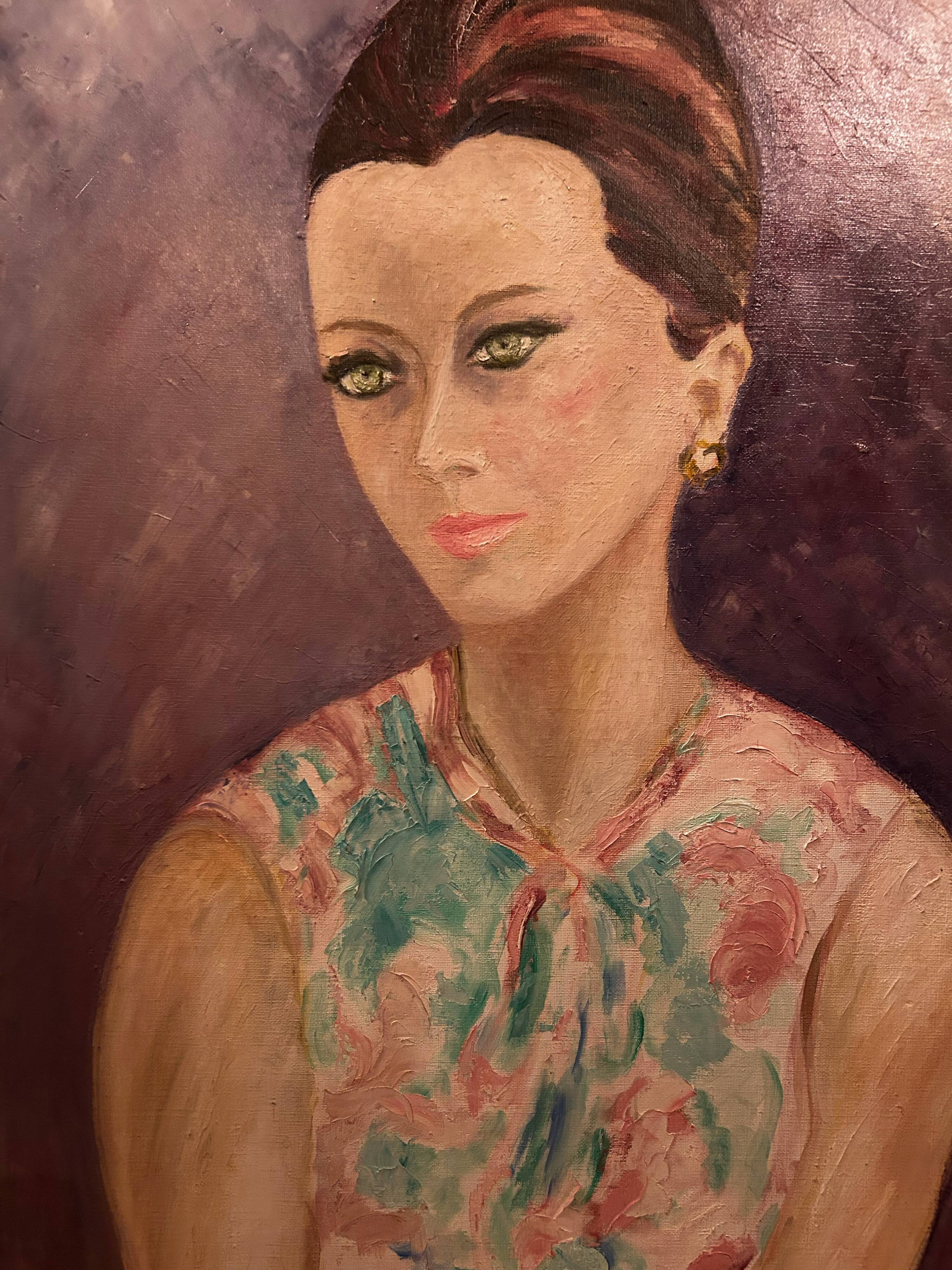 Oil on canvas signed - Portrait of a woman with green eyes