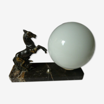 Old table lamp night light globe opaline marble horse rearing regulated