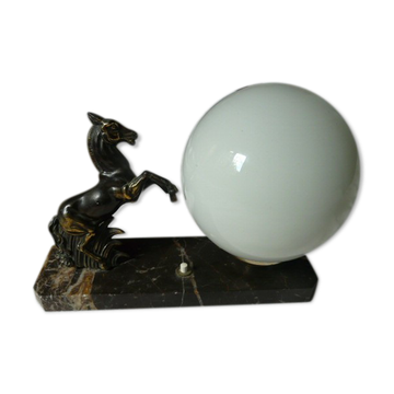 Old table lamp night light globe opaline marble horse rearing regulated