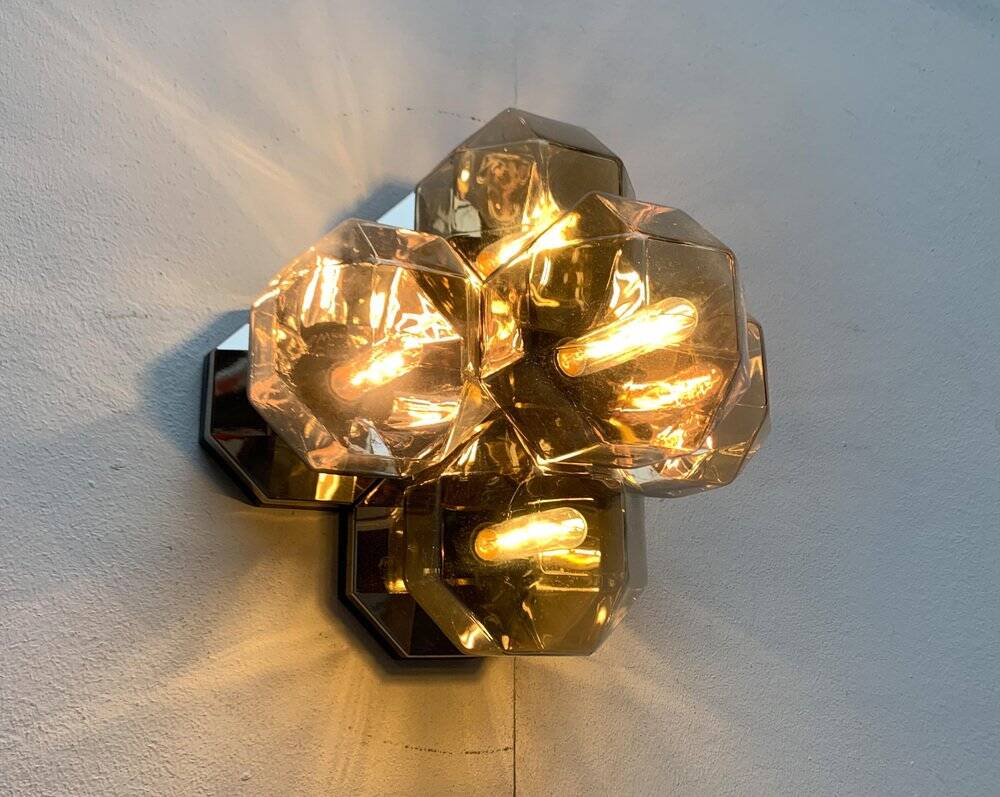 Vintage German wall or ceiling lamp from the space age in chrome and glass by Motoko Ishii for Staff, 1970s.