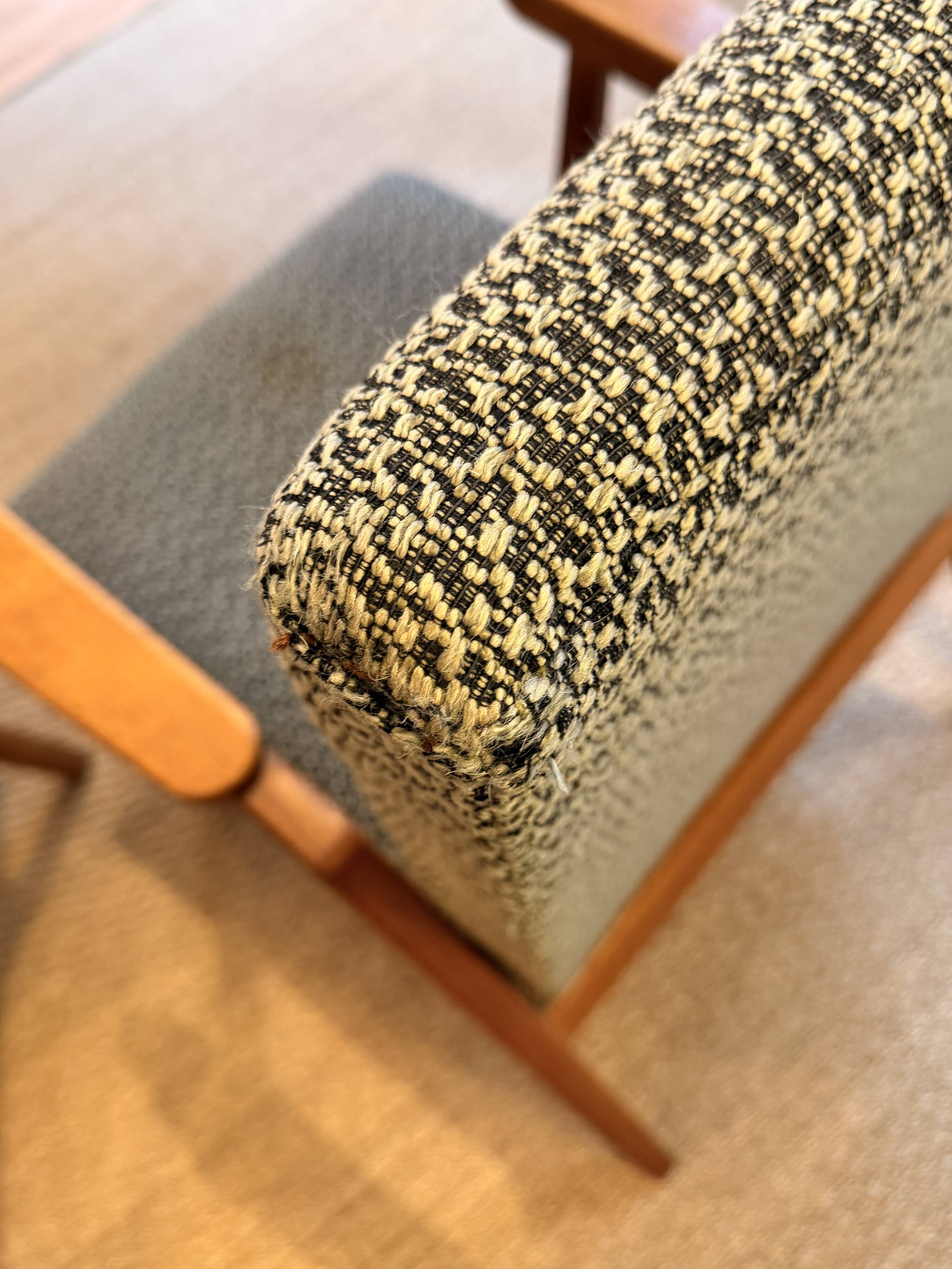 Pair of vintage oak armchairs, original fabric and seat.