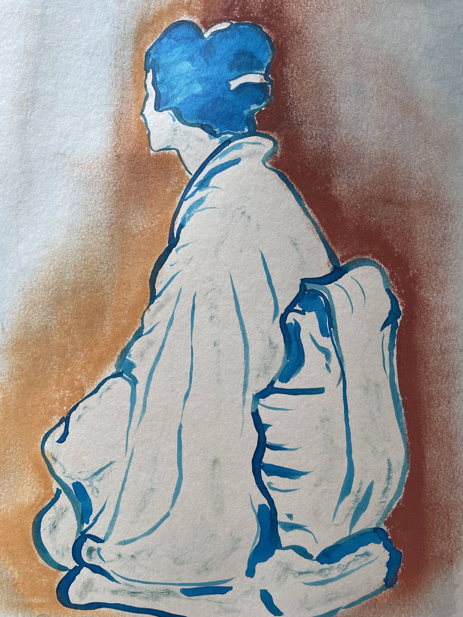 Signed painting pastel and Indian ink female portrait Japan “geisha blue”