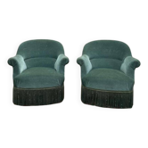 Pair of Napoleon III style green velvet toad armchairs
