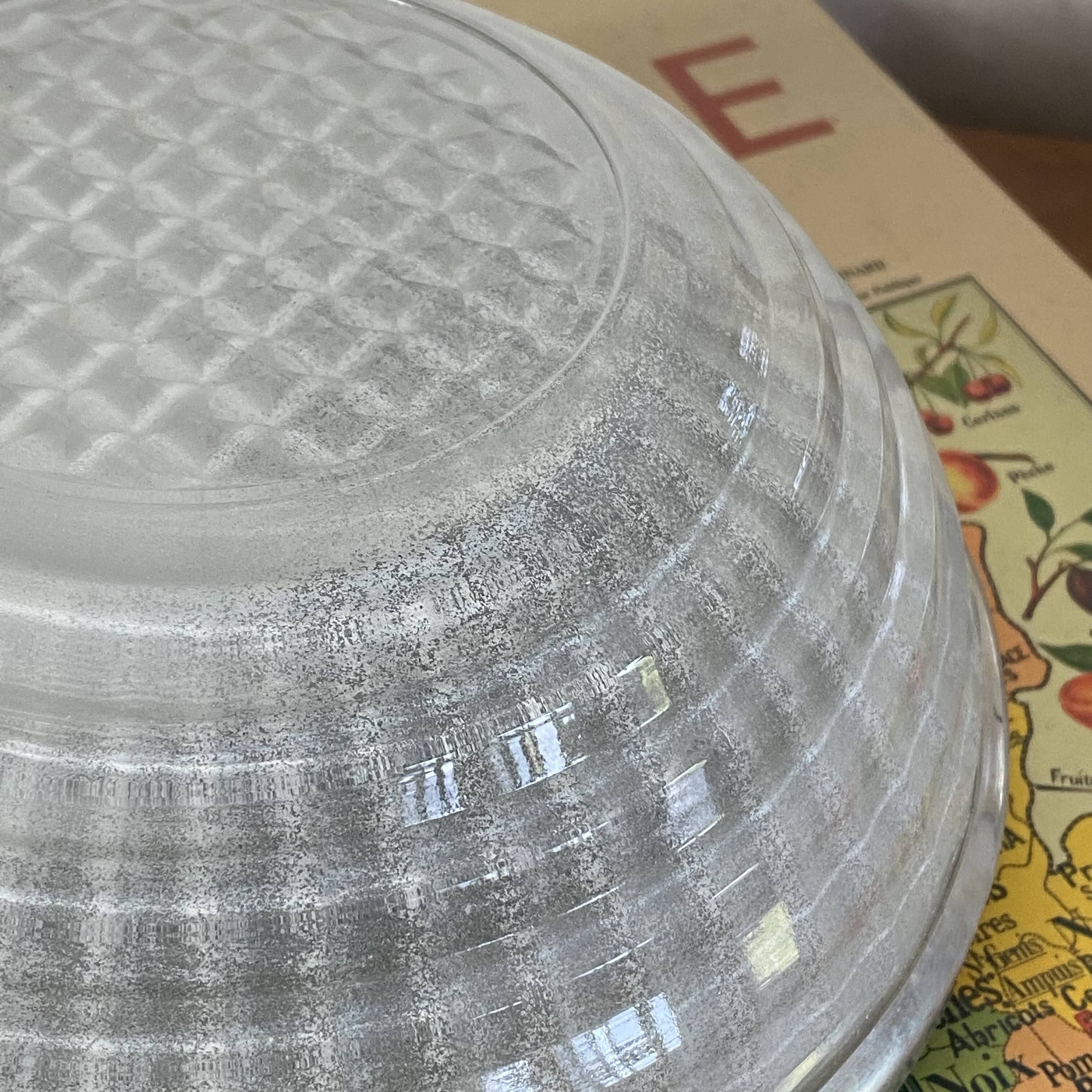 Small round ceiling light fixture in glass and aluminium, vintage design.