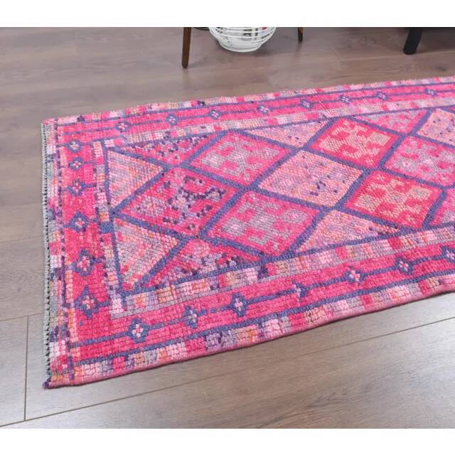 Vintage Turkish Oushak Handmade Cotton Purple Wool Runner Rug 74x345