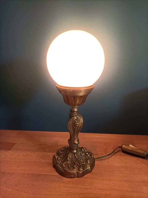 Bedside lamp globe glass opaline base bronze gilded patinated