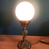 Bedside lamp globe glass opaline base bronze gilded patinated