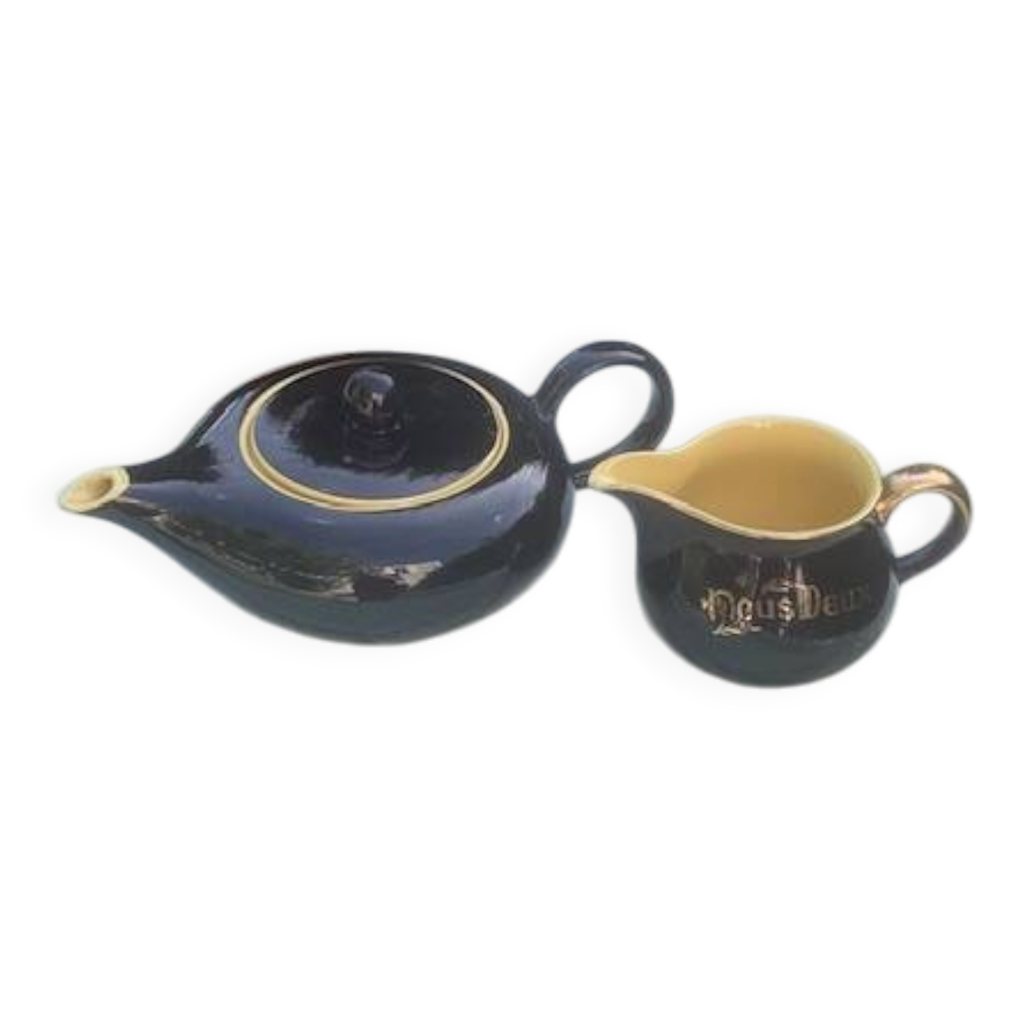 Teapot and milk jug We Two in vintage black and yellow ceramic