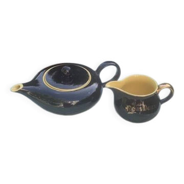 Théière et pot à lait Nous Deux en céramique noir et jaune vintage