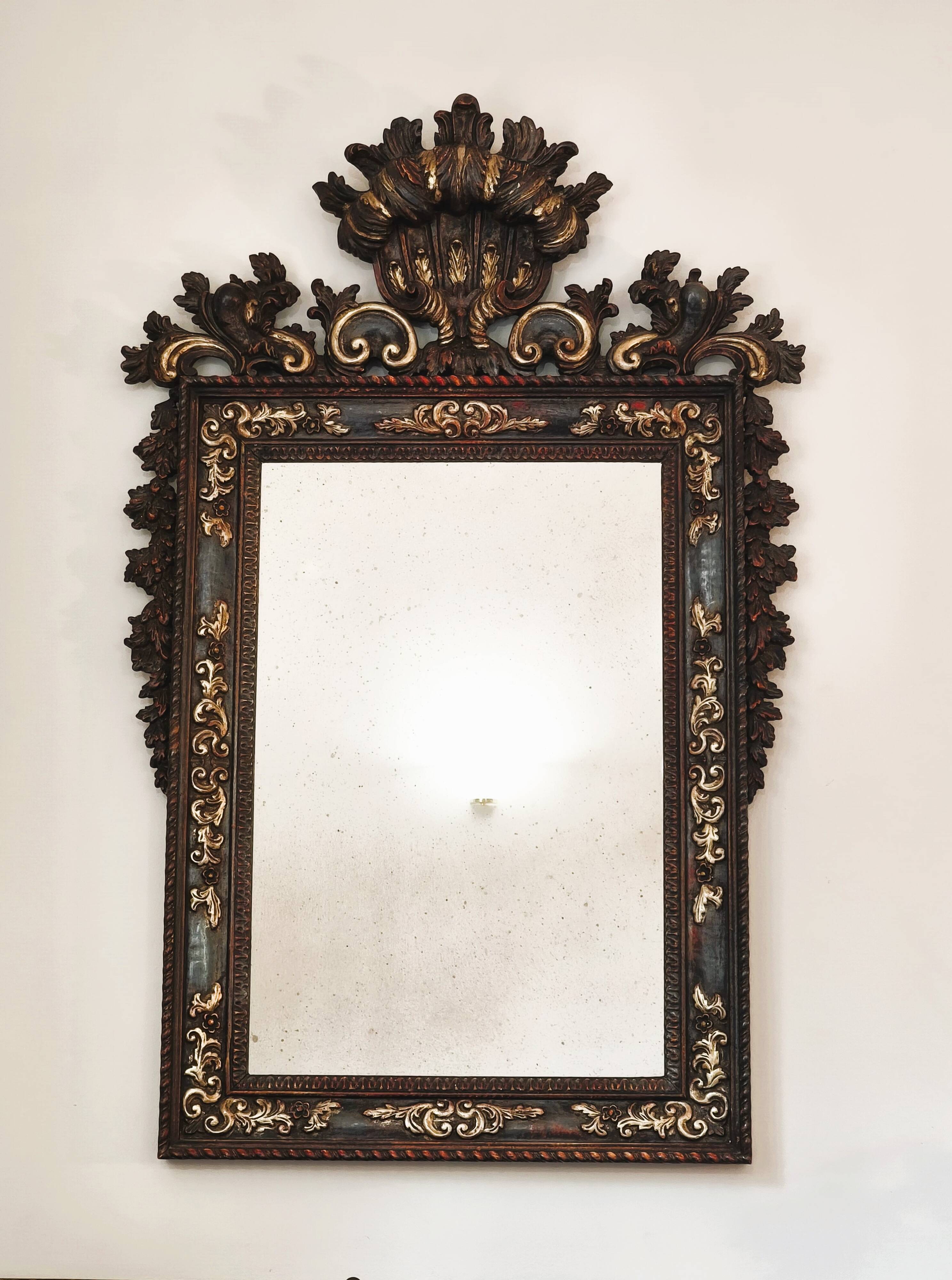 Grande Miroir Italien Sculpté, Bois Doré et Patiné, Style Baroque Rococo, A