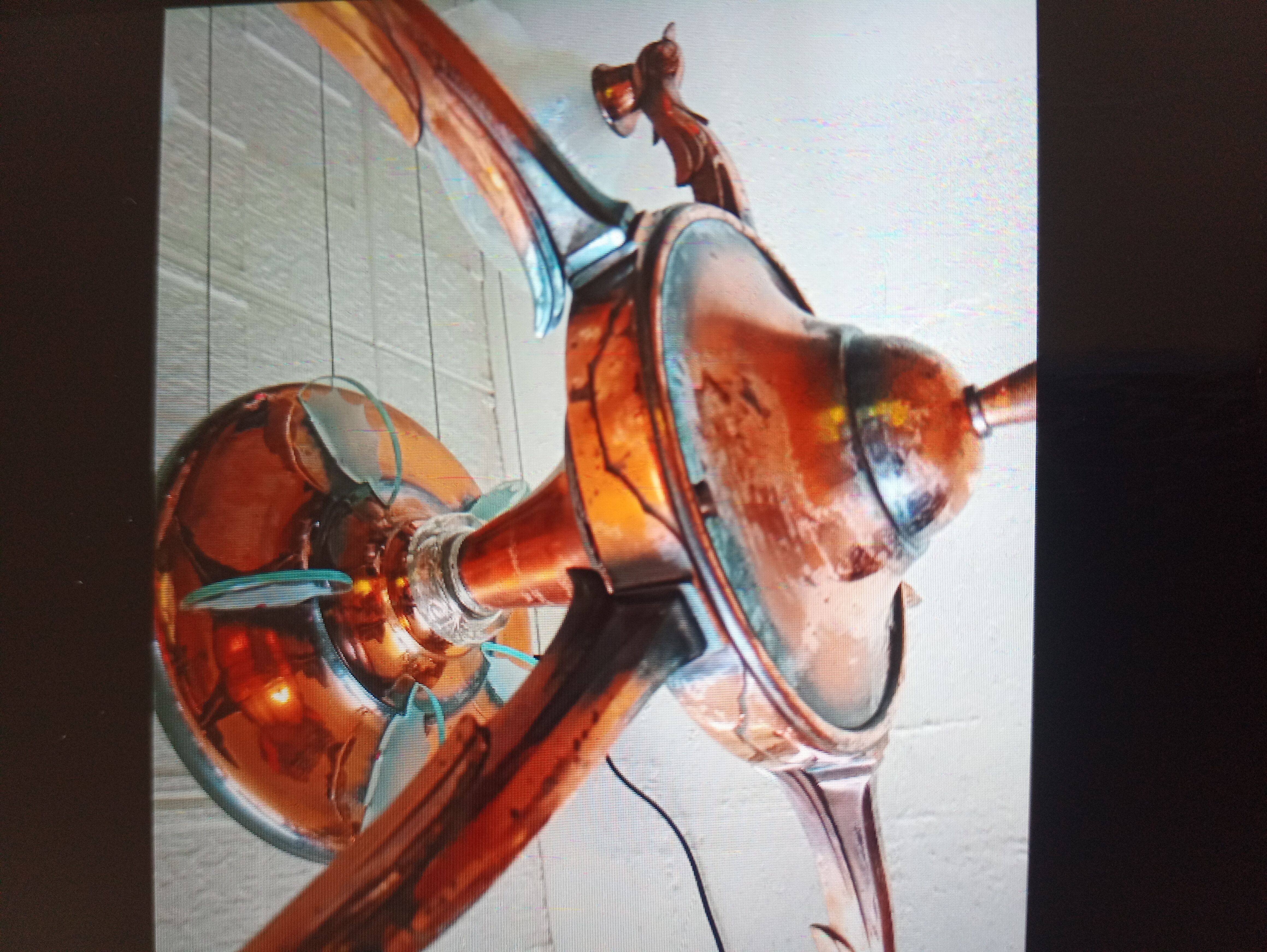 Opalescent glass and copper chandelier