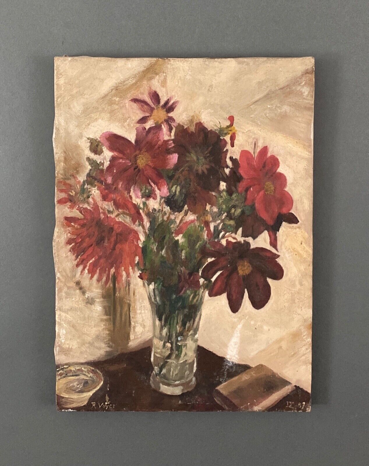 Oil on canvas R. Voyer still life with flowers by 1957