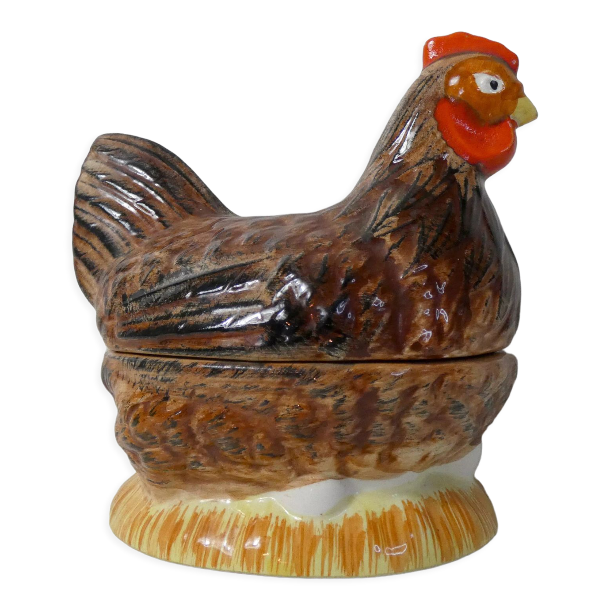 Terrine hen slip ceramic signed Caugant
