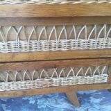 Wooden and rattan chest of drawers