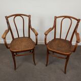 Pair of curved wooden bistro armchairs