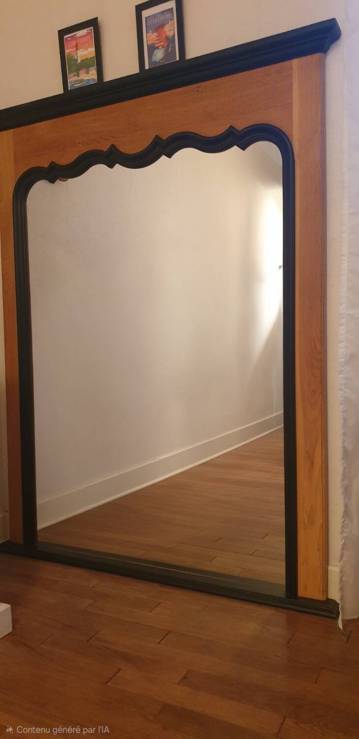 Large Trumeau Mirror XXL in Solid Oak and Black Cornice – 157x128