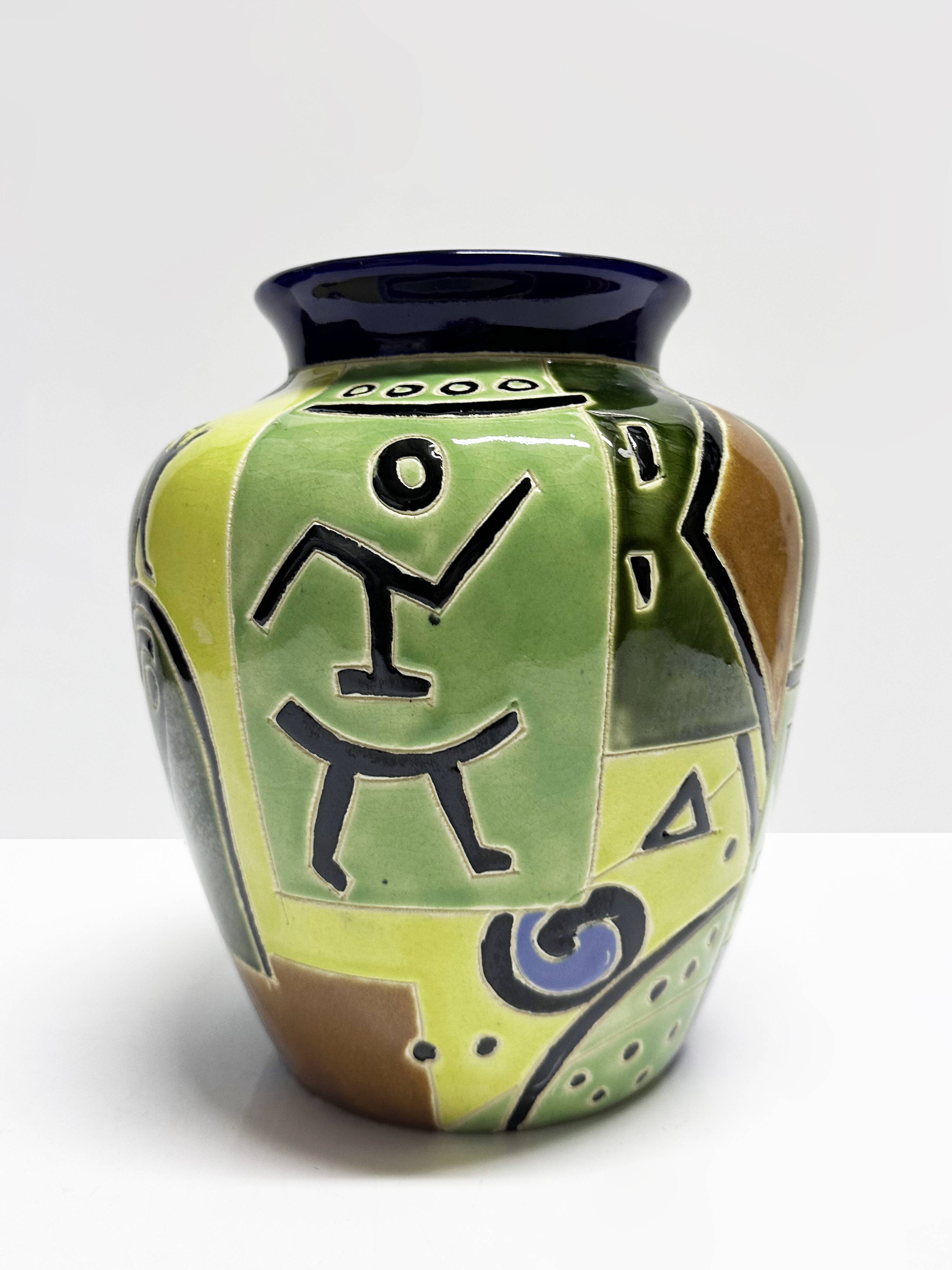 Glazed ceramic vase with Africanist decoration, France 1980s.