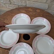 6 assiettes creuses Longwy modèle Toulouse bordure rose terre de fer