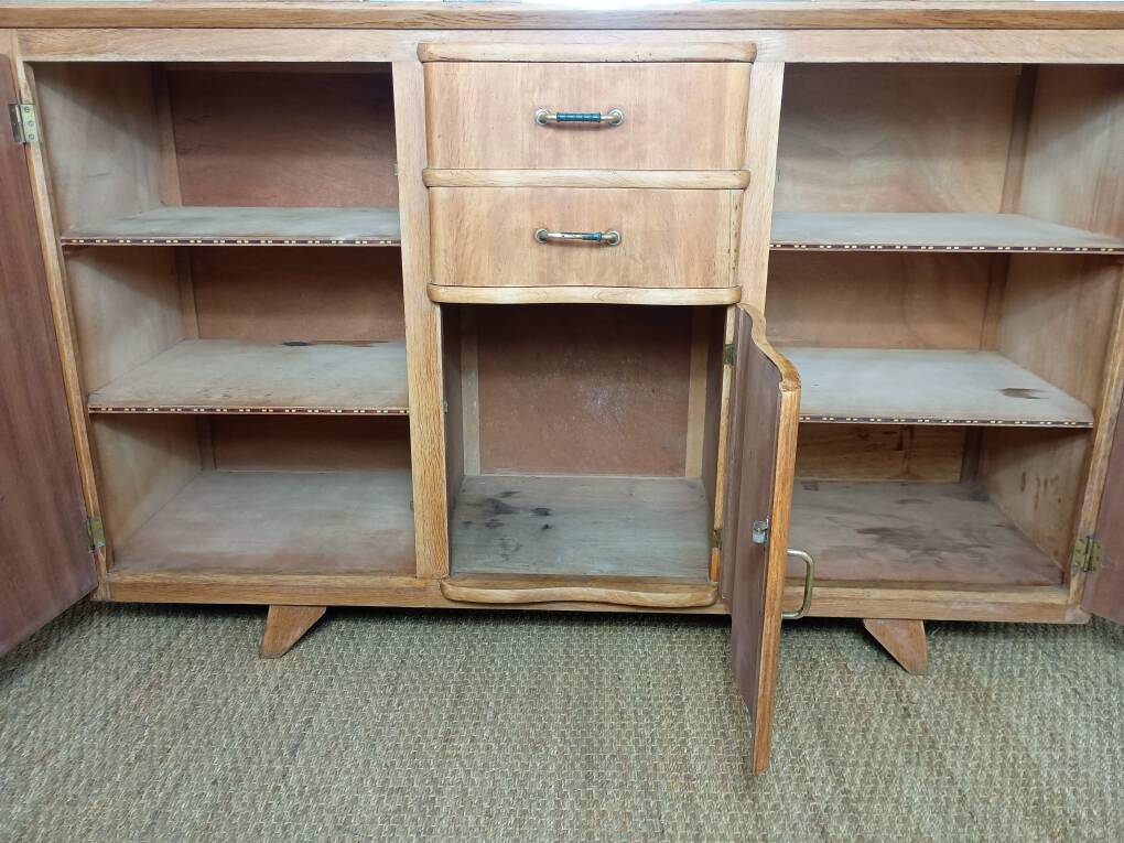 1950s two-body buffet, oak veneer, tapered legs.