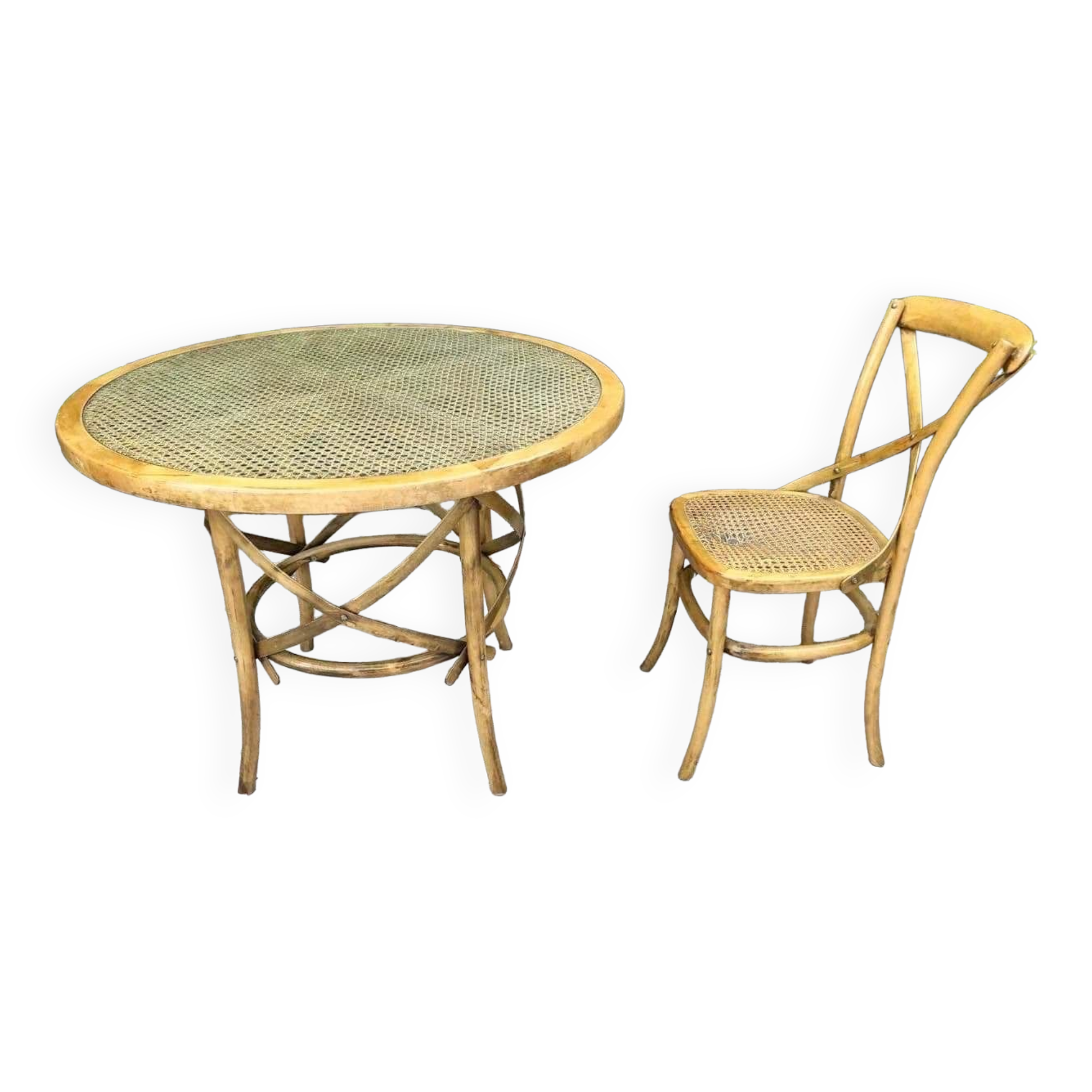 Vintage cane and curved wood table, antique furniture
