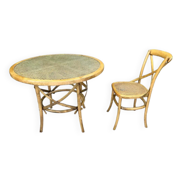 Table cannage et bois courbé vintage, meuble ancien