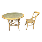 Table cannage et bois courbé vintage, meuble ancien
