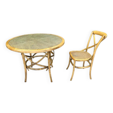Vintage cane and curved wood table, antique furniture