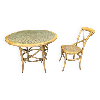 Table cannage et bois courbé vintage, meuble ancien