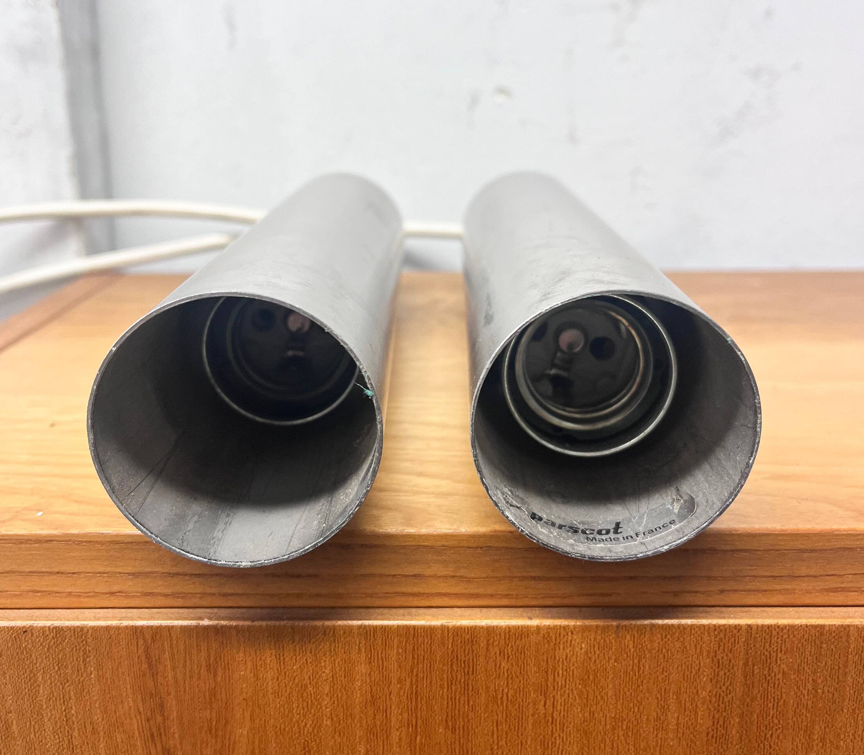 Pair of Parscot brushed metal pendant lights, 1970s