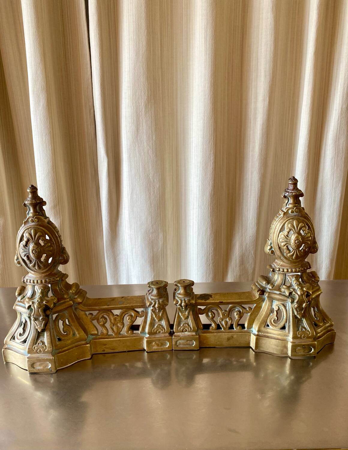 3 gilded bronze fireplace accessories 2 andirons and 1 fire bar