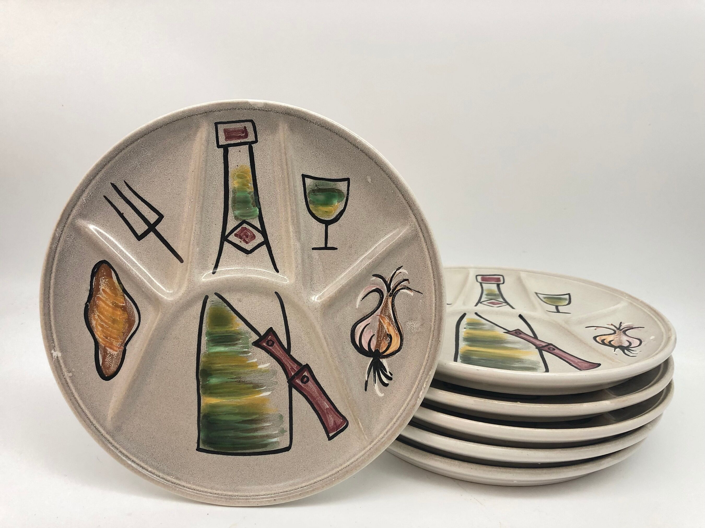 6 hand-decorated burgundian fondue plates in ceramic