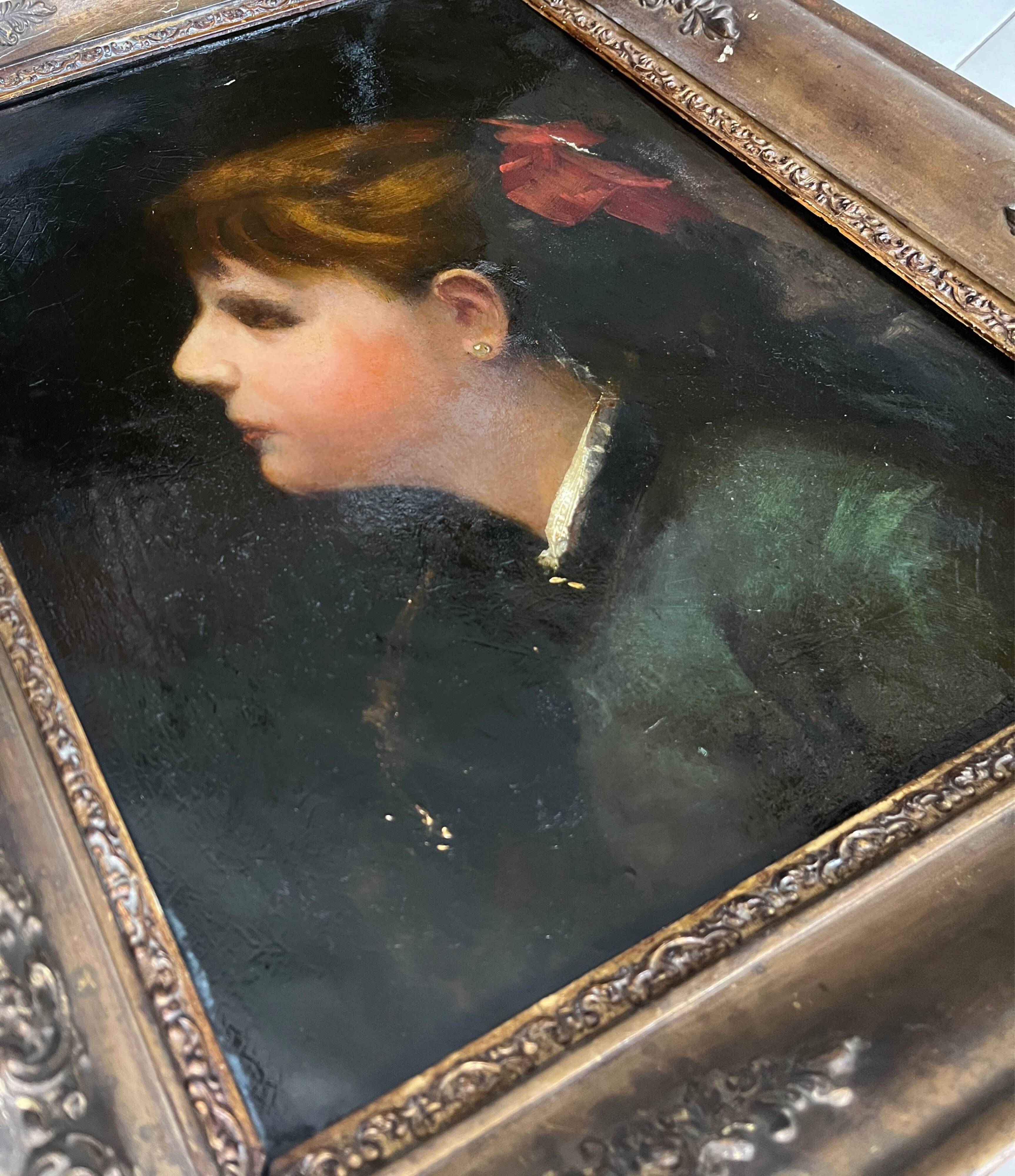 HST painting "Portrait of a young woman with a red bow" 19th century for restoration