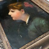 HST painting "Portrait of a young woman with a red bow" 19th century for restoration