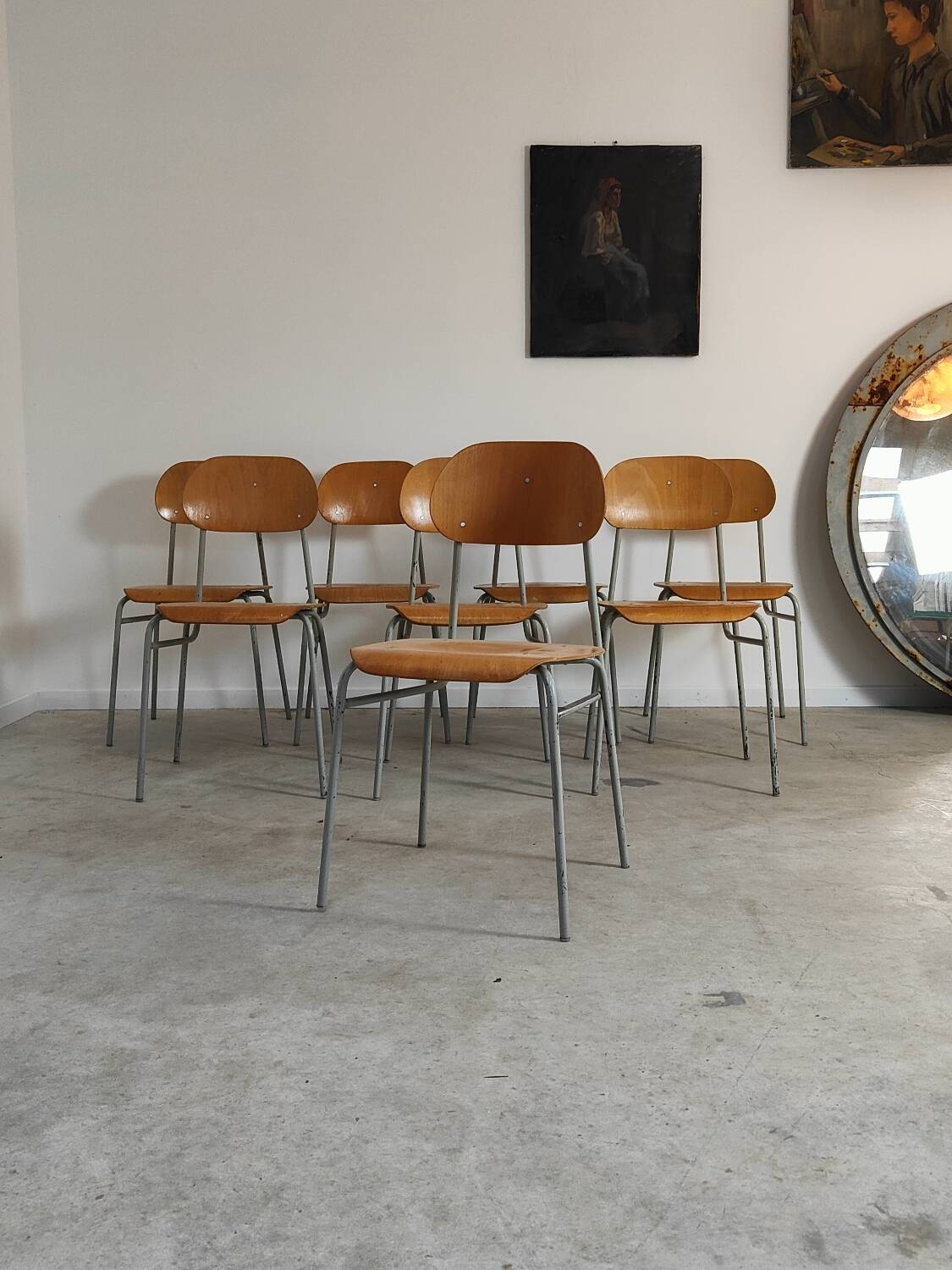 Set of 8 industrial style school chairs, Czechoslovakia 1950