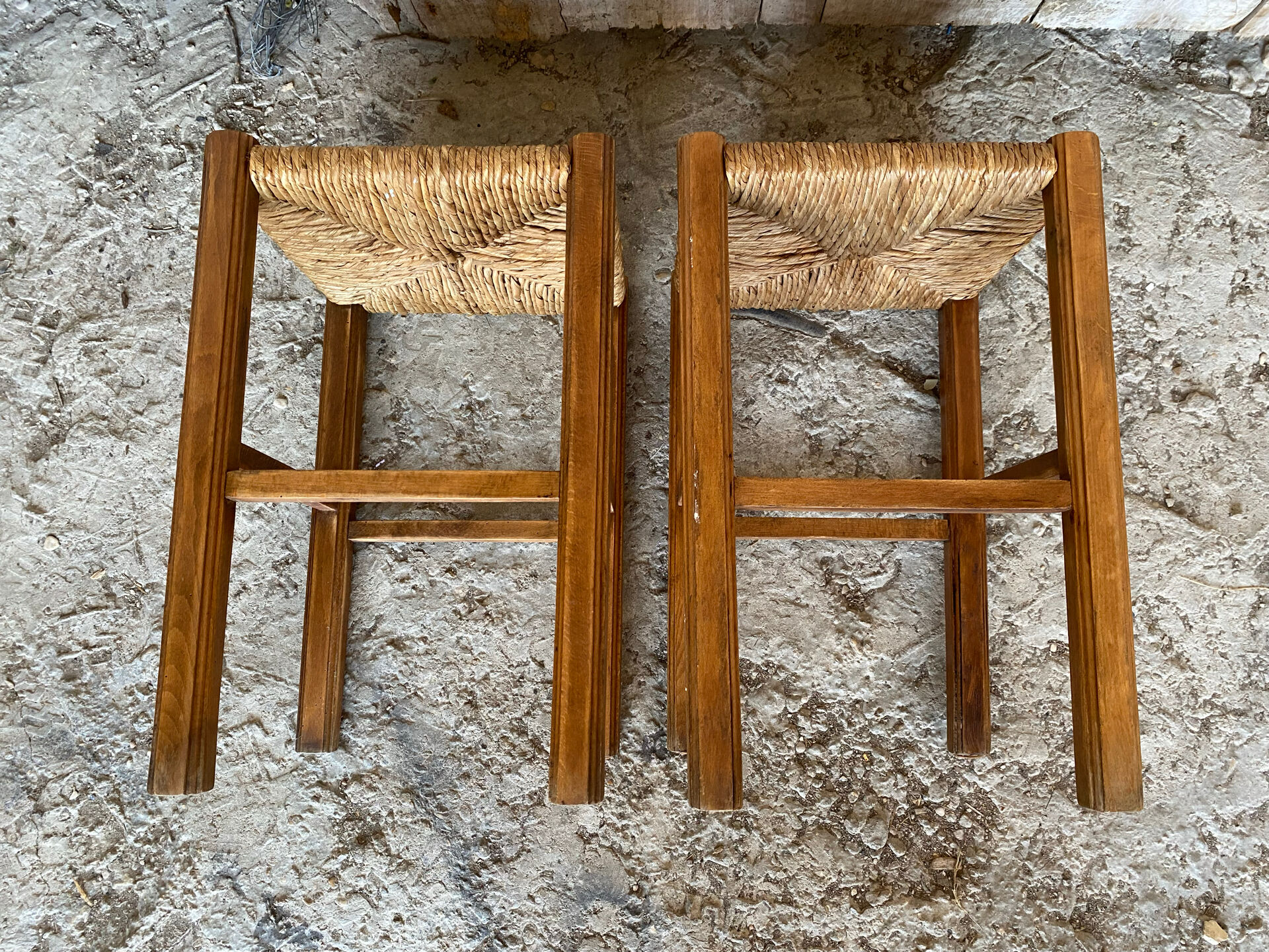 Pair of Antique Carved Wood Stools + Vintage Straw Seat #E029