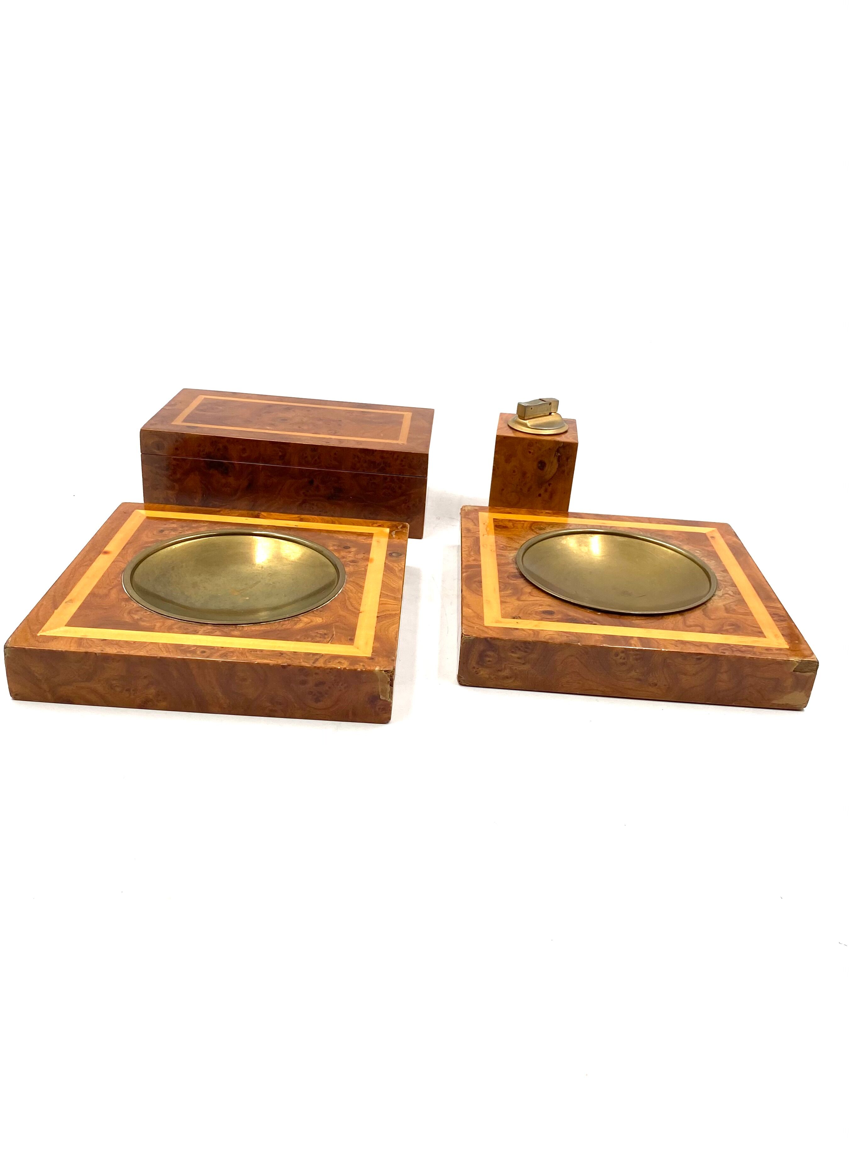 Smoking Set, brass and wood ashtrays, lighter and cigars box, Italy 1970
