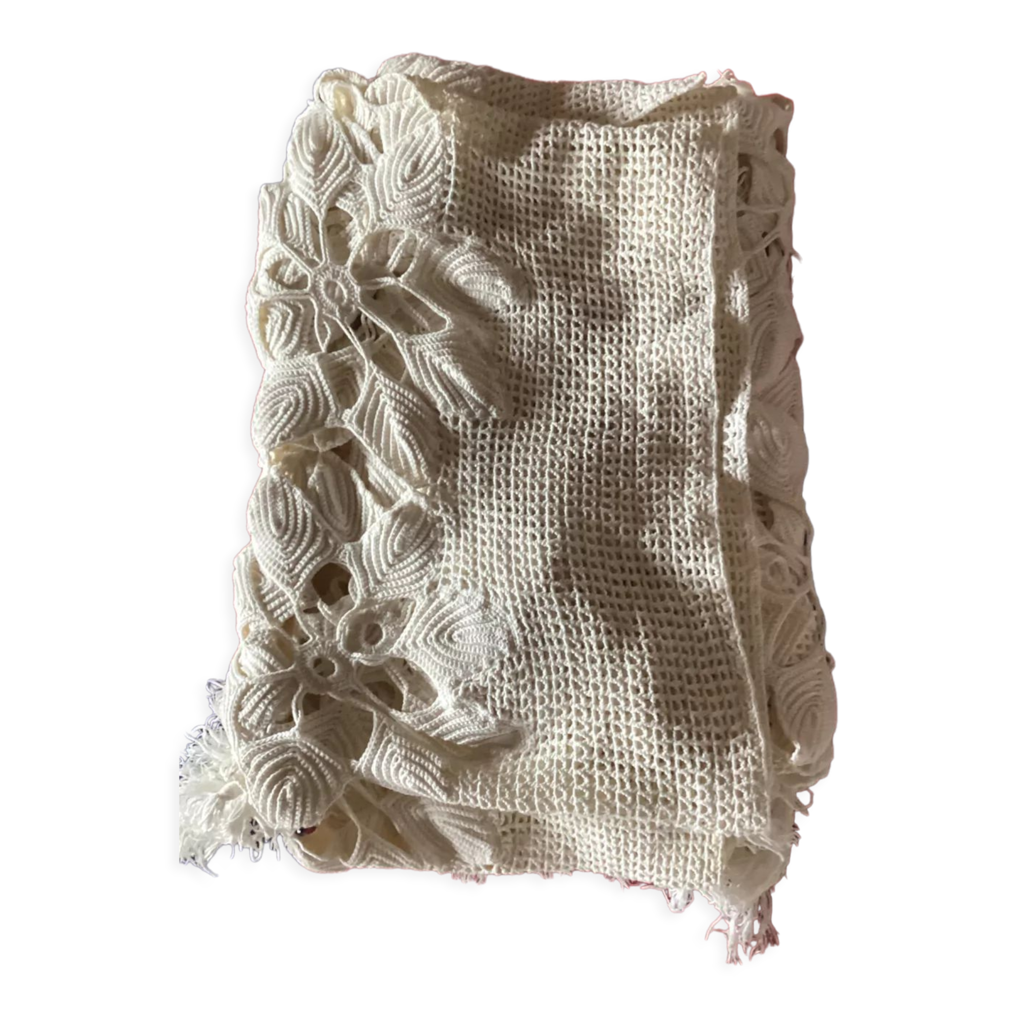 Couvre-lit En Crochet Fait Main - 100% Coton - 200 X 170 Cm - Blanc - France